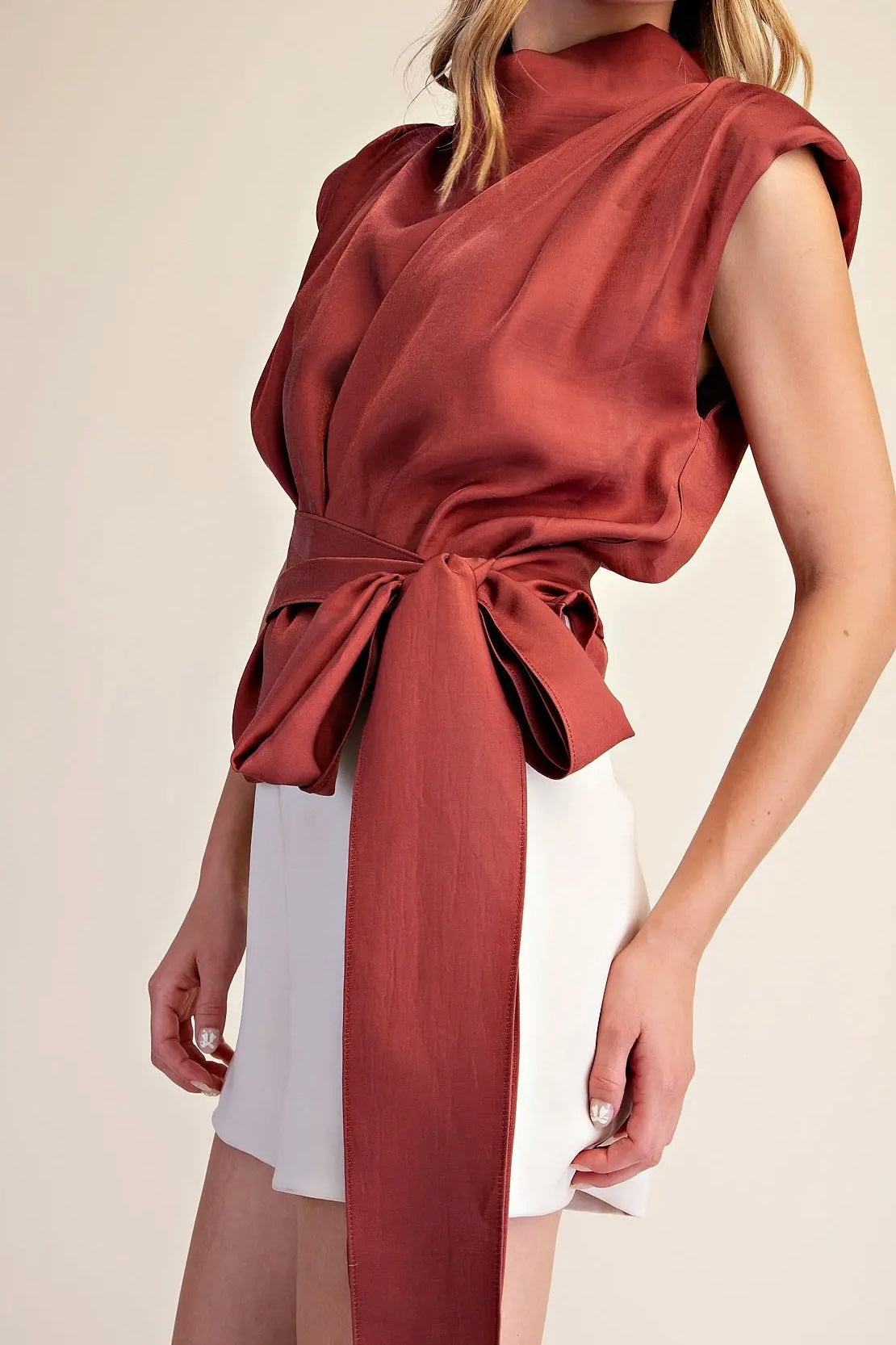 Mock Neck Waist Tie Blouse - Assorted