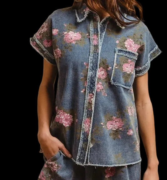 Floral Denim Top & Shorts Set