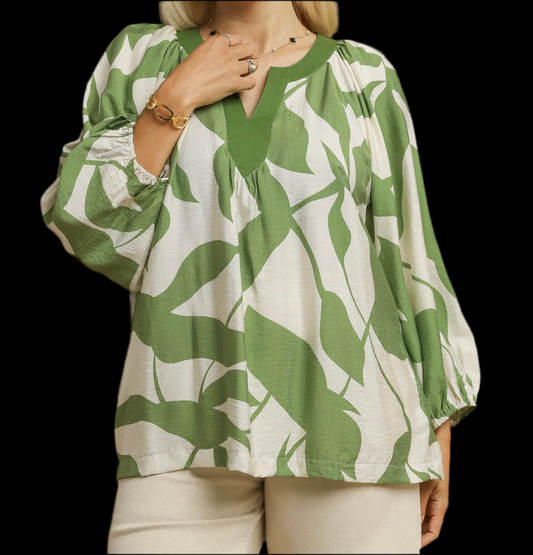 Curvy Green Leaf Print Top