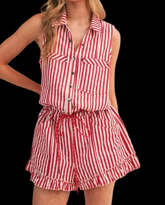 Stripe Button Down Sleeveless Romper