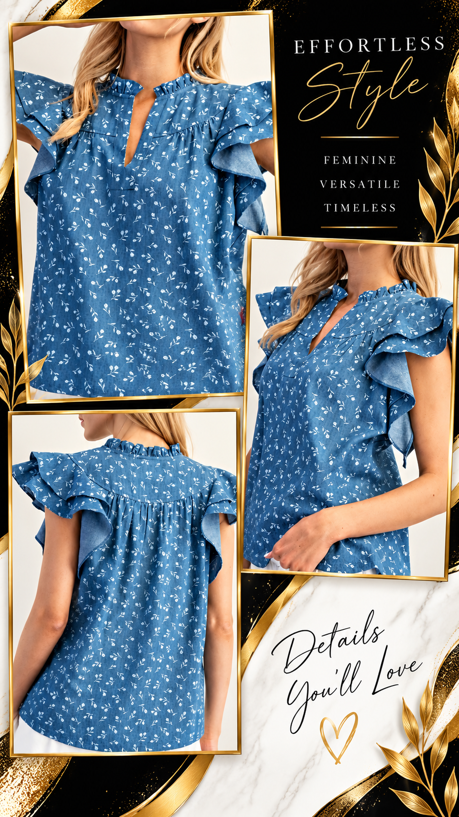 V Neck Ruffle Denim Top