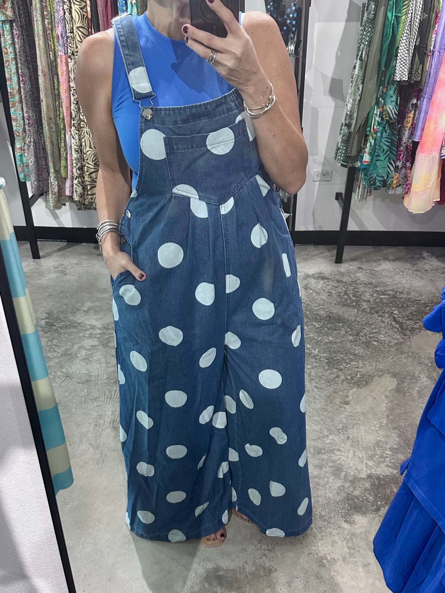 Polka Dot Denim Wide Leg Jumpsuit