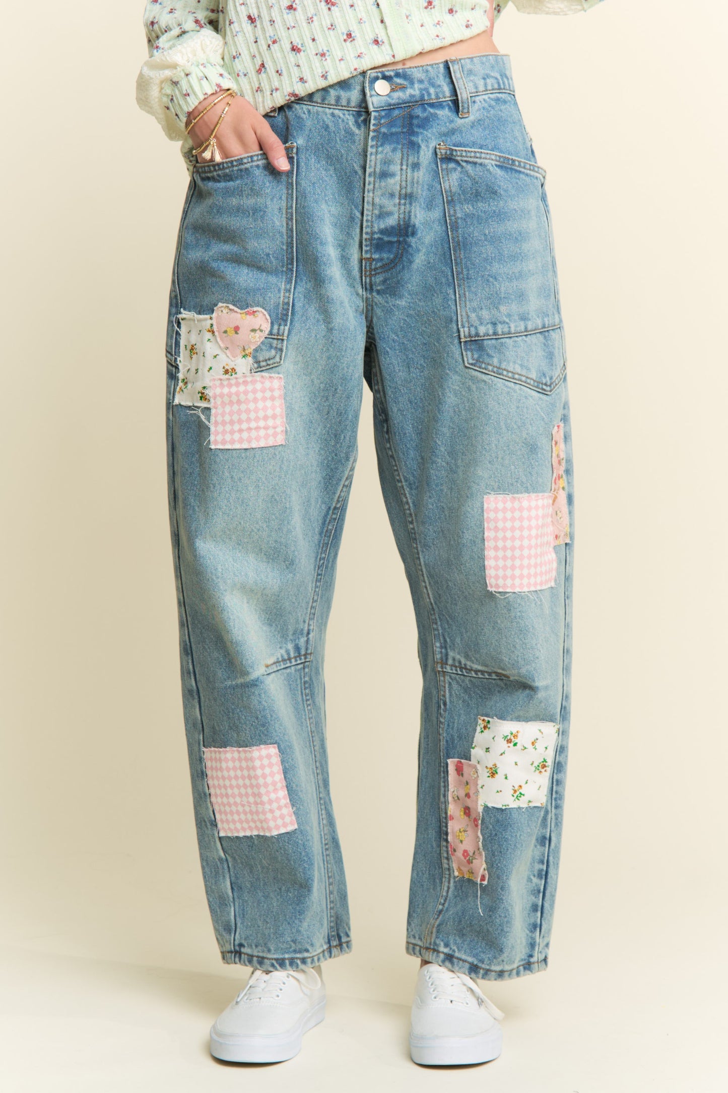 Pink Patchwork Barrel Denim Pants