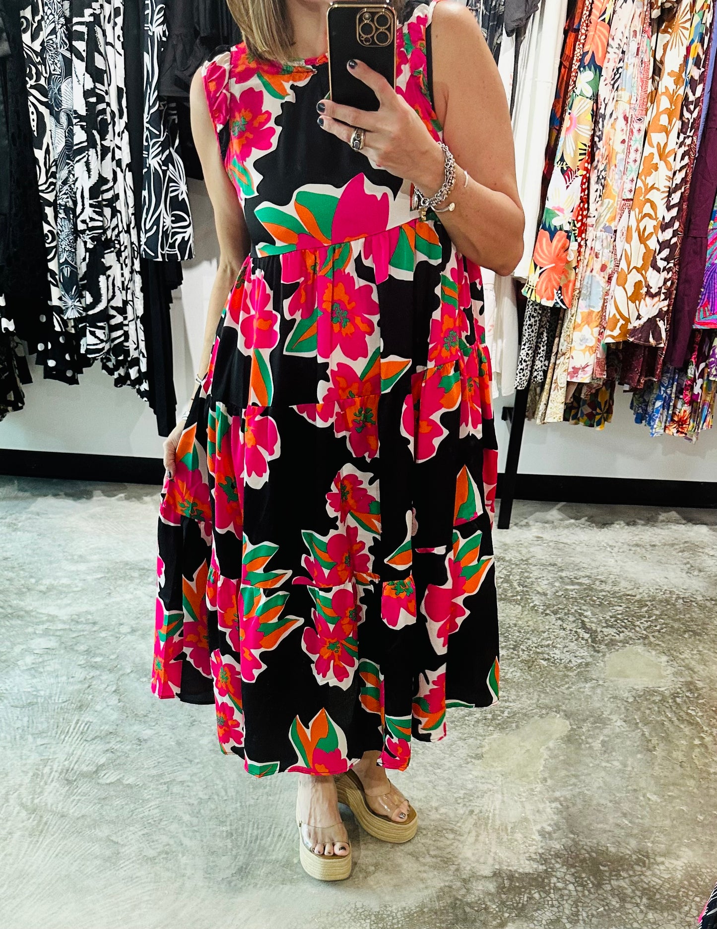 Floral Print in a Black   Midi Dress