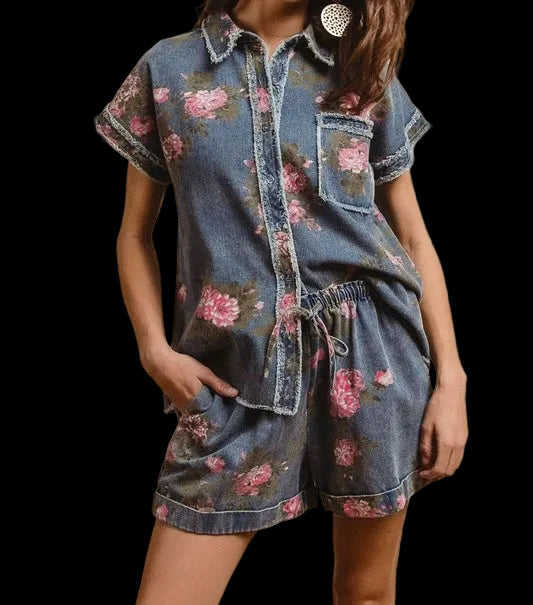 Floral Denim Top & Shorts Set