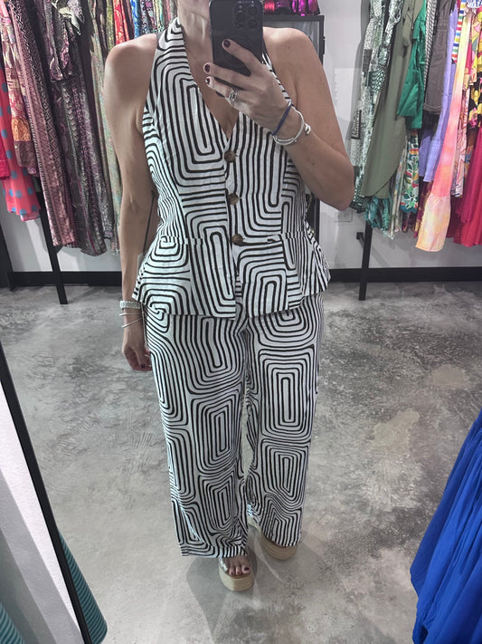 Geometric Print Halter Top & Wide Leg Pant Set