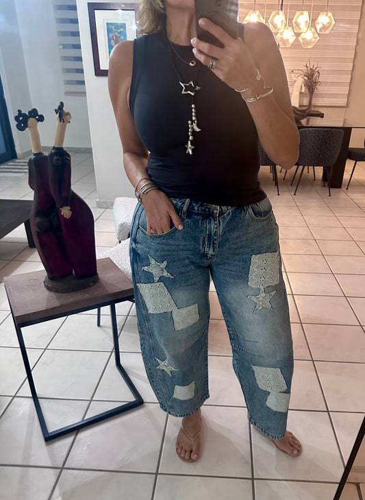 Patchwork Barrel Denim Pants