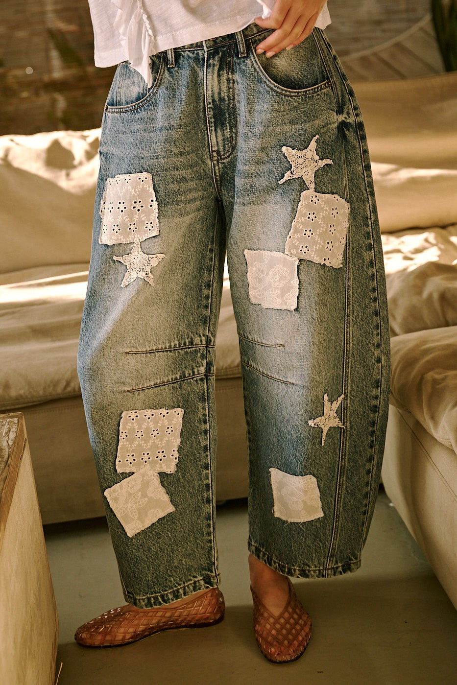 Pre Order Patchwork Barrel Denim Pants