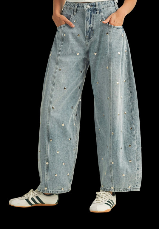 Studded Barrel Denim Pants