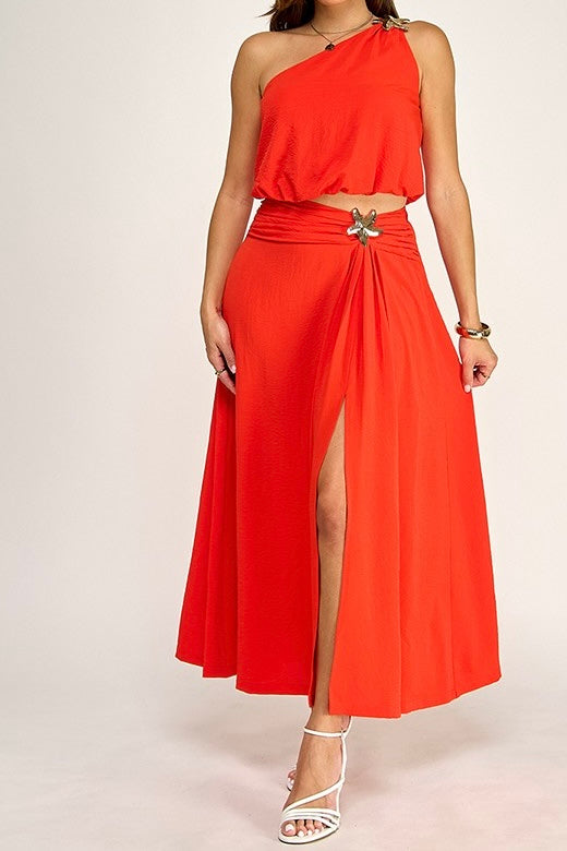 Tomato Red, Lime or Black One Shoulder Top & Maxi Skirt Set