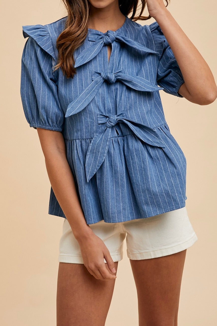 Stripe Bow Peplum Denim Top