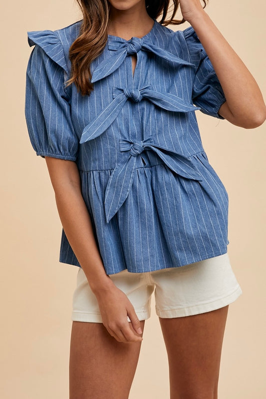 Stripe Bow Peplum Denim Top