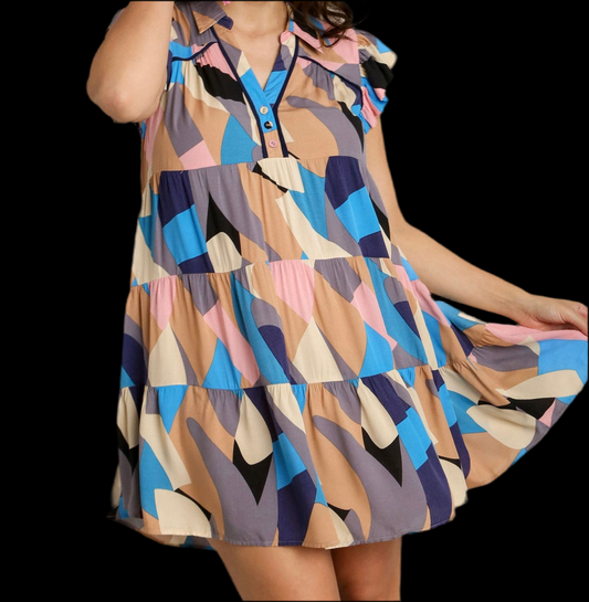 1XL - Curvy Multi Color Abstract Print Short Dress