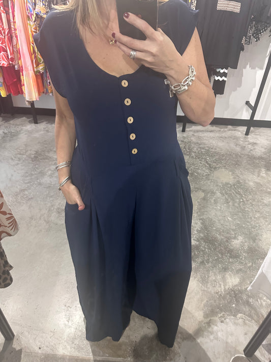 Navy Button Up Wide Leg Jumpsuit