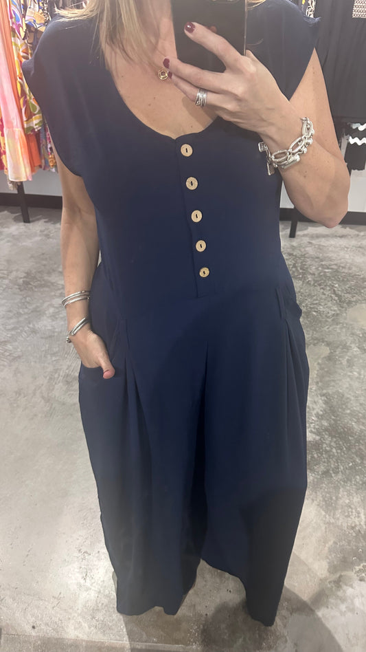 Navy Button Up Wide Leg Jumpsuit
