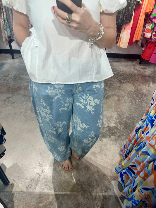 Floral Print Barrel Denim Pants