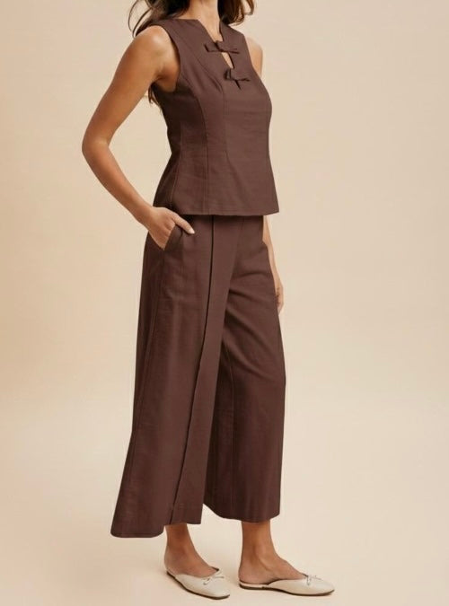 Linen Bow Sleeveless Top & Wide Leg Pant Set