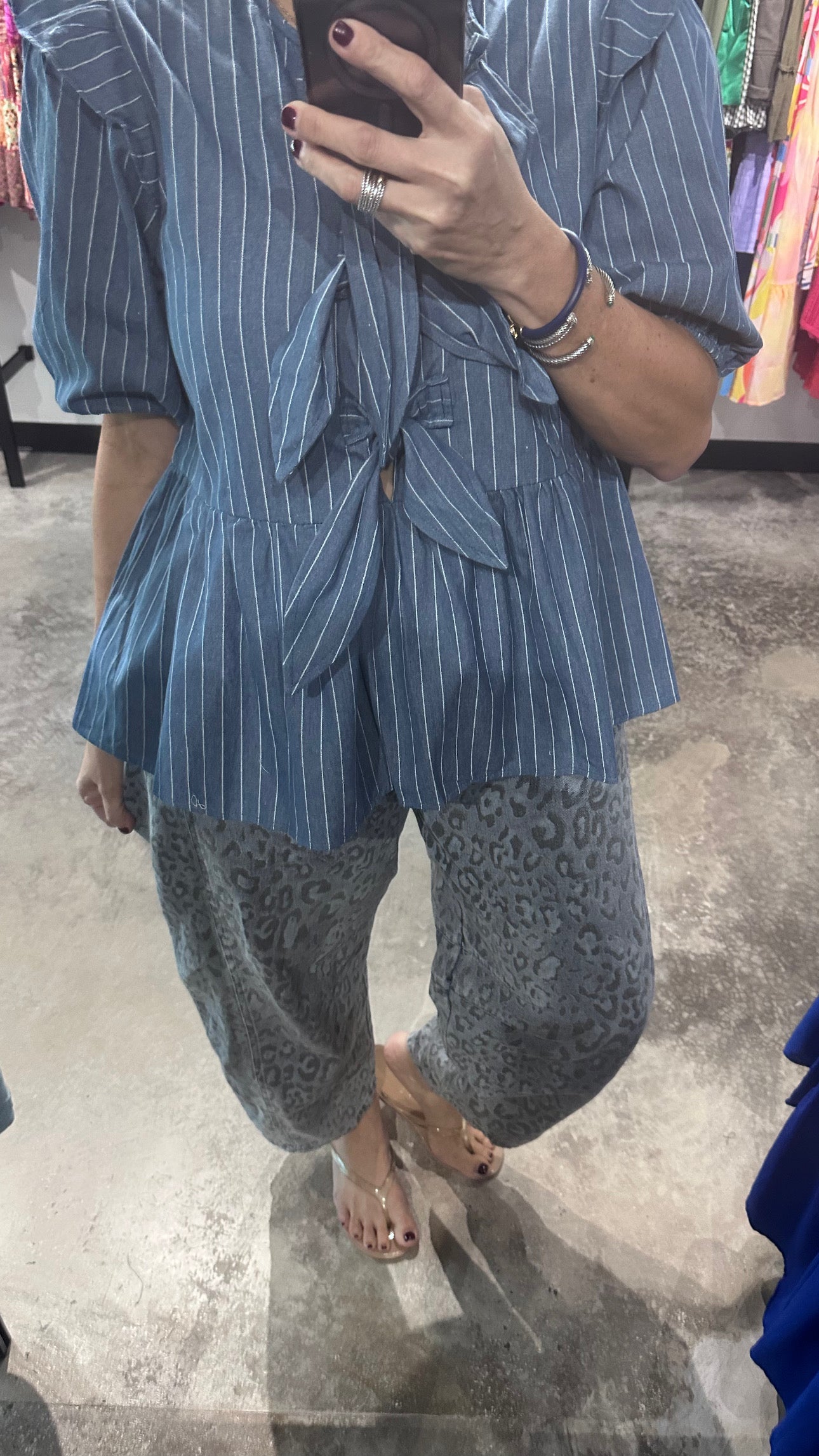 Stripe Bow Peplum Denim Top