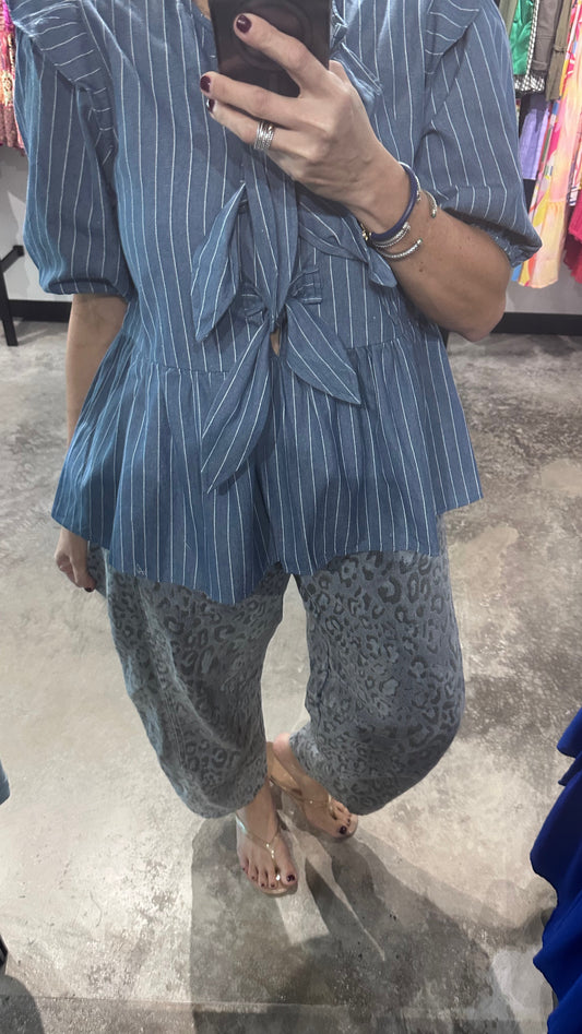 Stripe Bow Peplum Denim Top