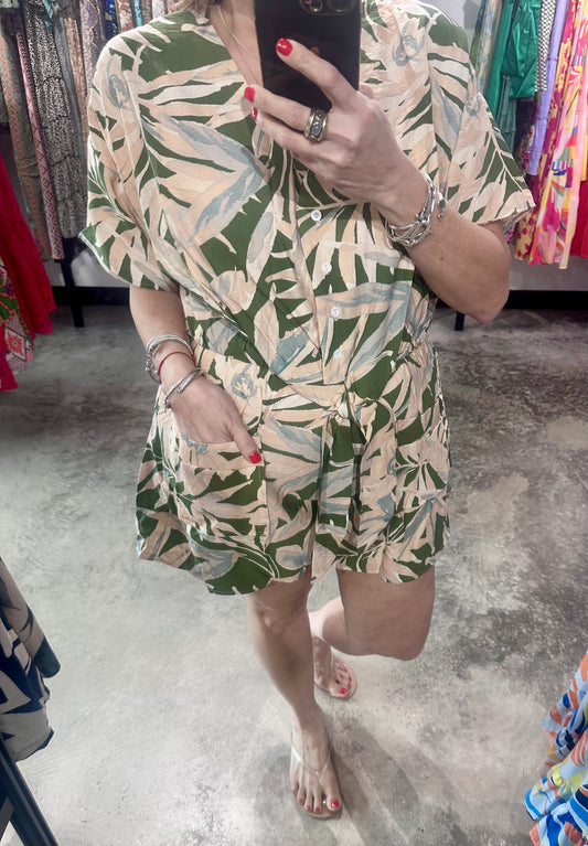 Green Leaf Print Romper