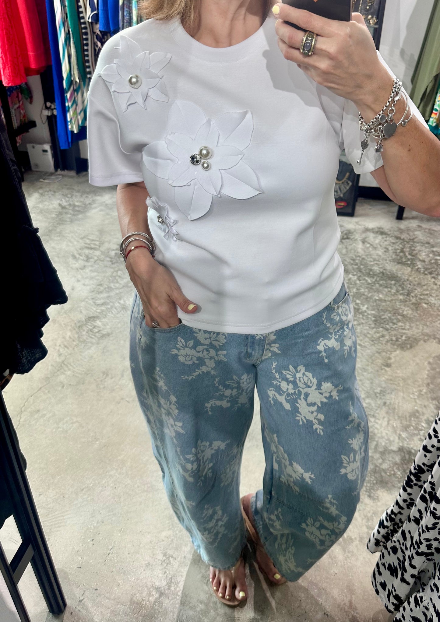 Floral Appliqué White Top