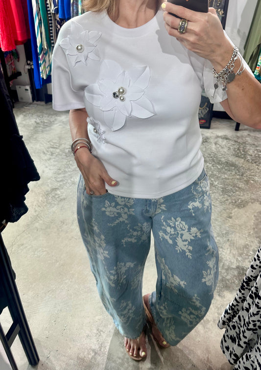 Floral Appliqué White Top