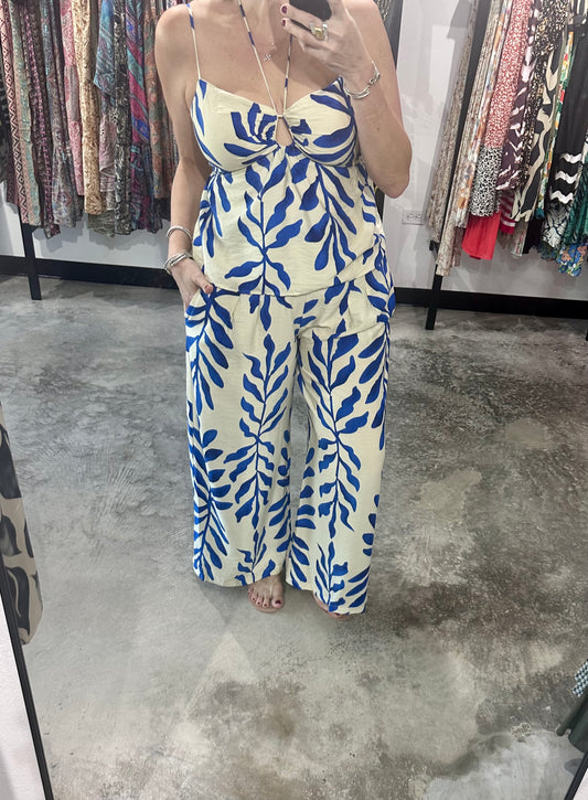 Ivory & Blue Adjustable Strap Tone with White Leg Pant Set