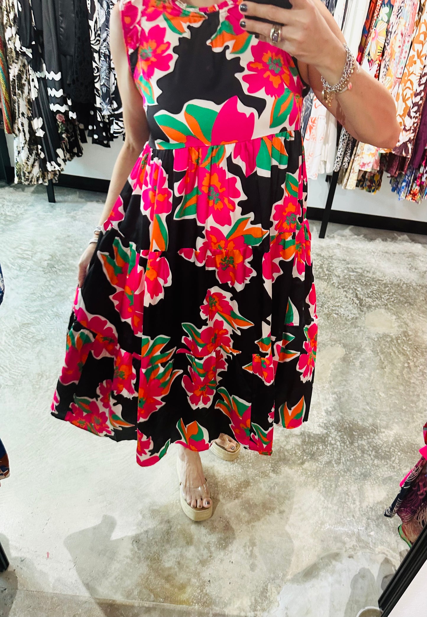 Floral Print in a Black   Midi Dress