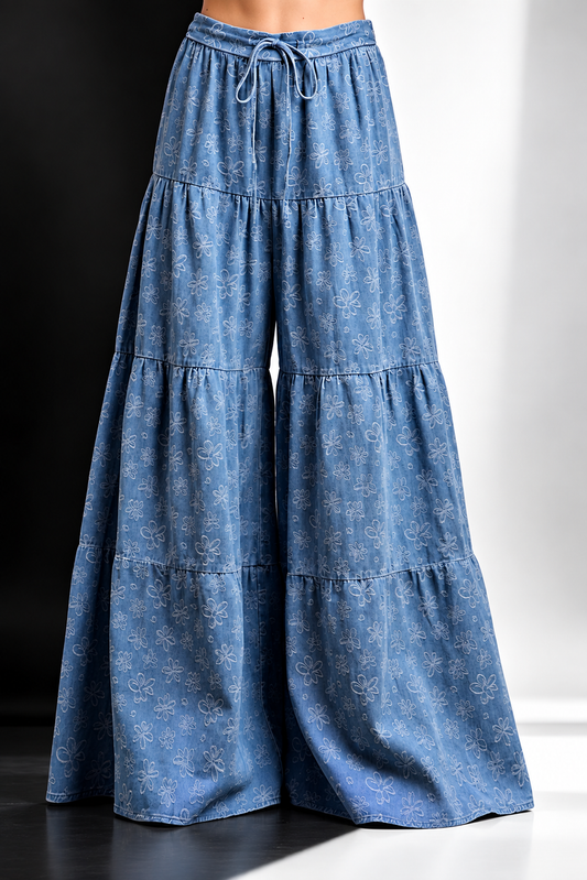 Floral Tiered Denim Pants