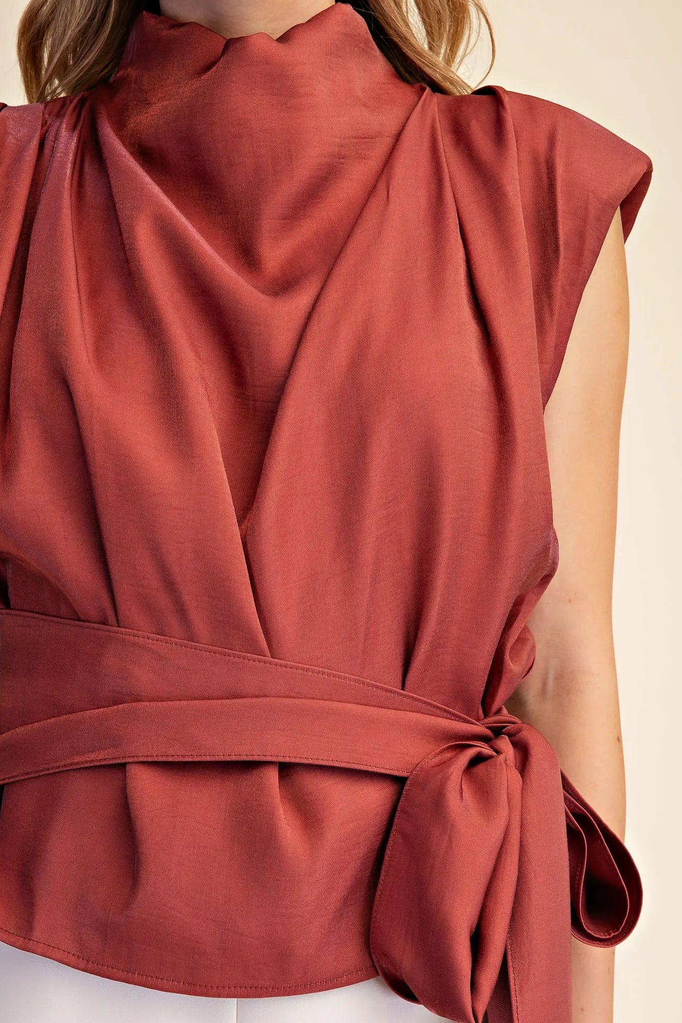 Mock Neck Waist Tie Blouse - Assorted