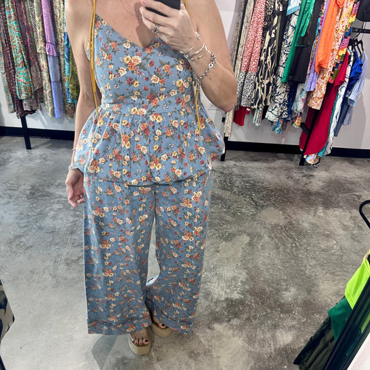 Floral Print Drawstring Denim Pants