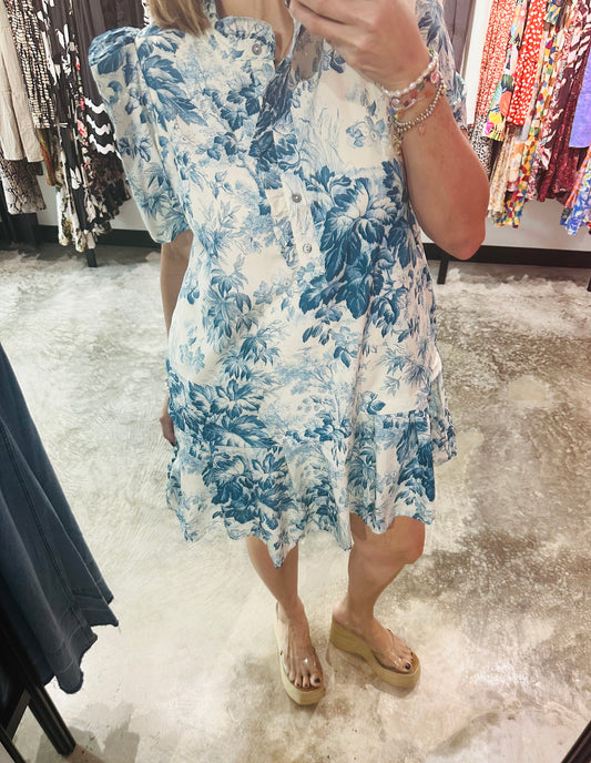 Teal Blue Floral Print Short Dress