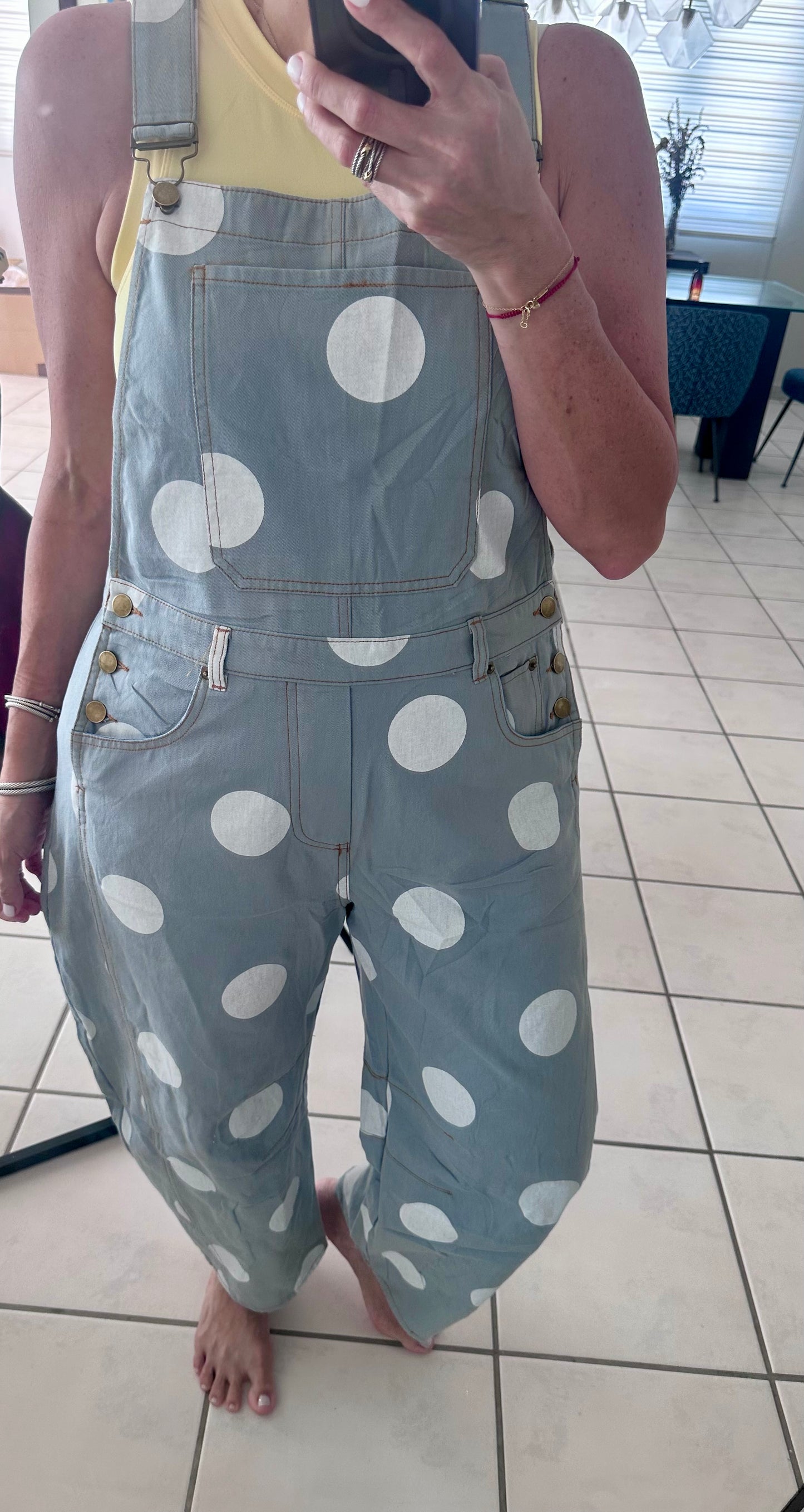 Polka Dot Denim Barrel Overall
