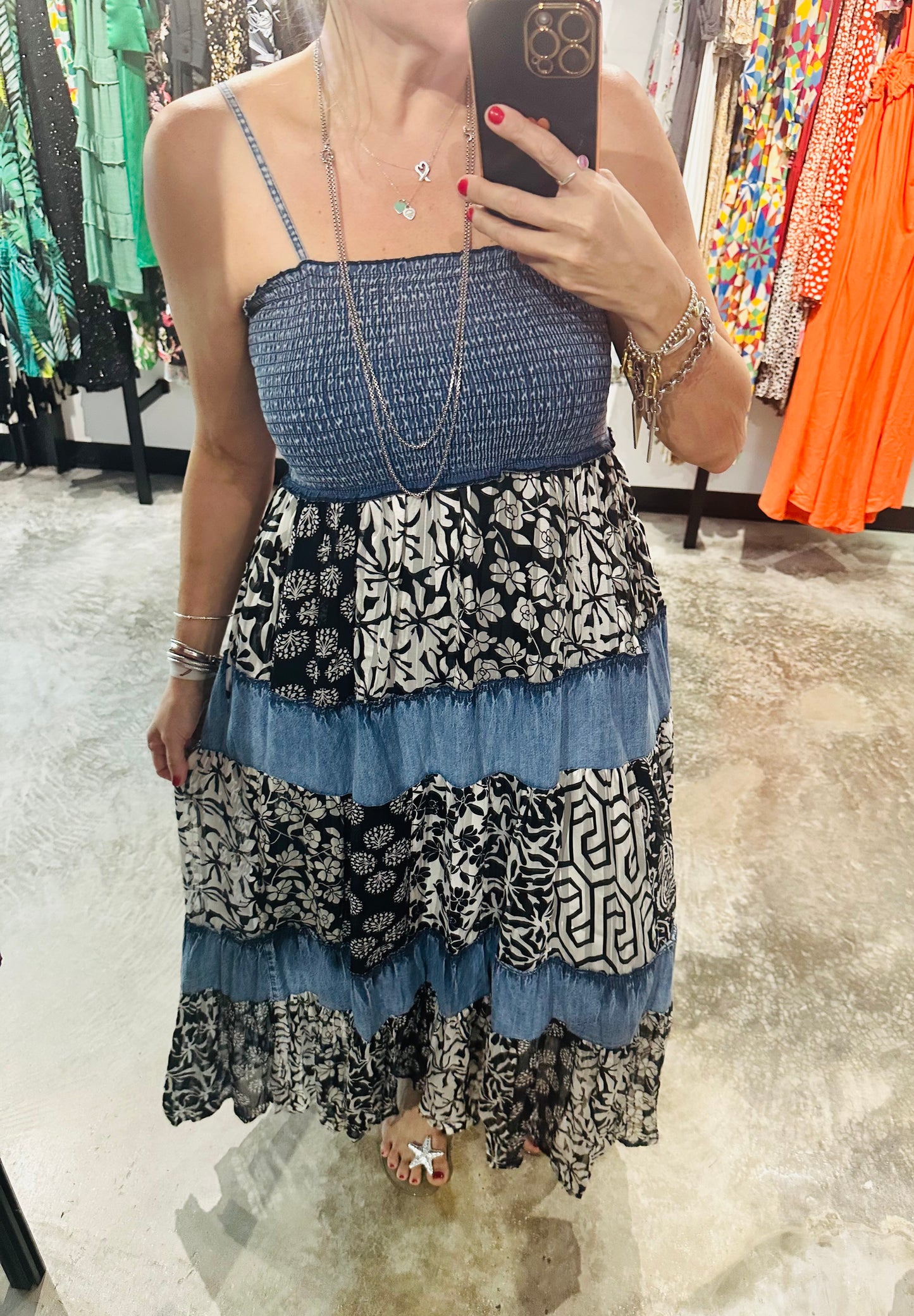 Smocked & Tiered Patchwork Maxi Dress