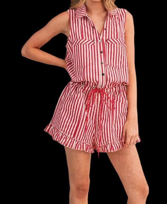 Stripe Button Down Sleeveless Romper