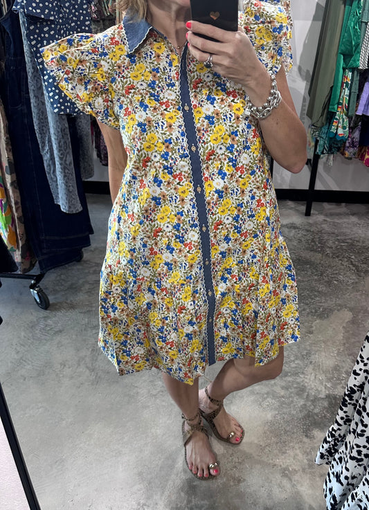 Floral Print With Denim Contrast Short Dress