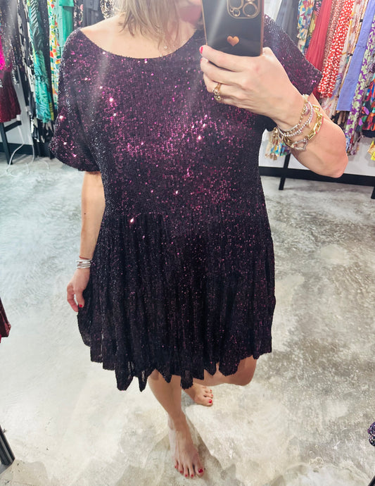 Small - Plum Tiered Sequins Short Dress