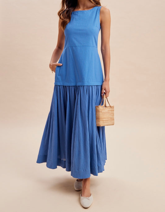 Pre Order Mixed Fabric Sleeveless Maxi Dress