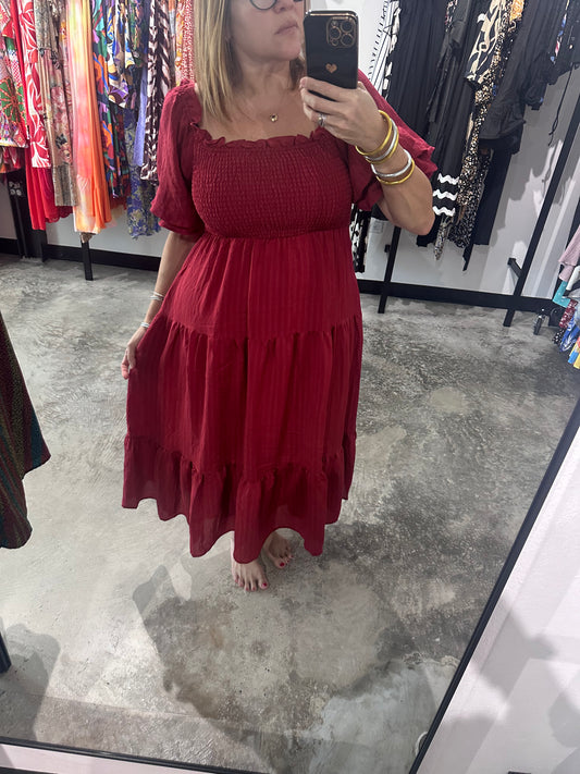 Wine Puff Sleeves Tiered Midi Dress
