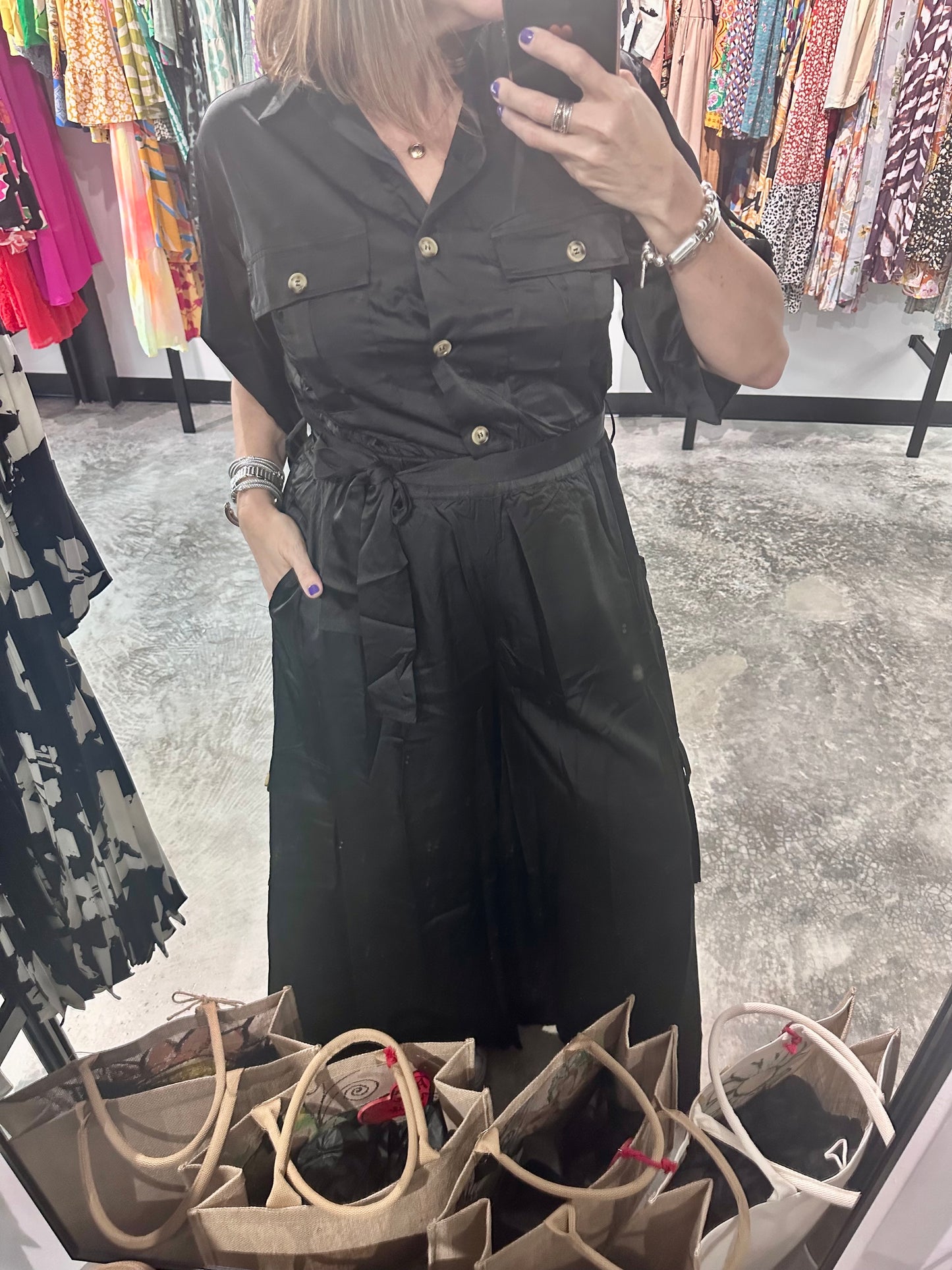 Black Satin Button Down Wide Leg Jumpsuit