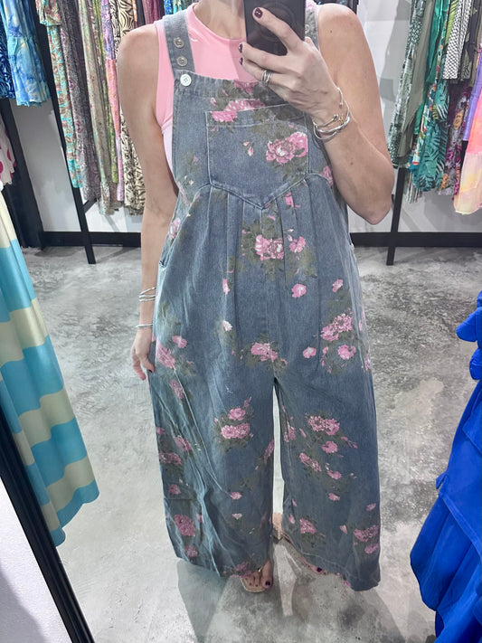 Flower Print Denim Wide Leg Overall Jumpsuit