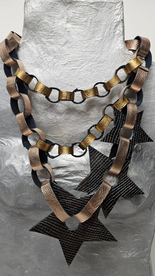 Black Stars Layer Multi Leather Necklace