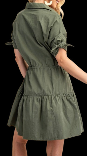 Military Green Tiered Short Dress