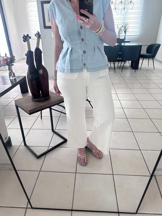 White Stretch Wide Leg Denim Pants
