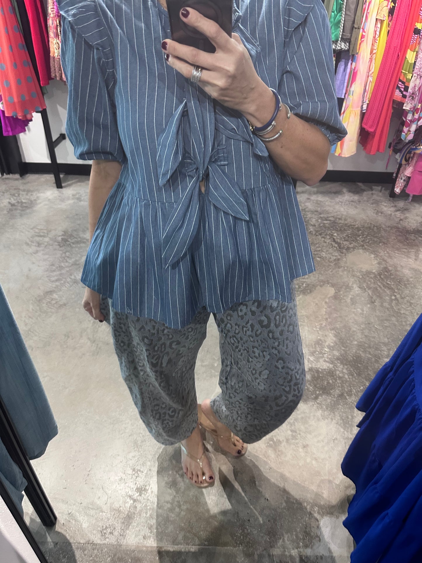 Stripe Bow Peplum Denim Top