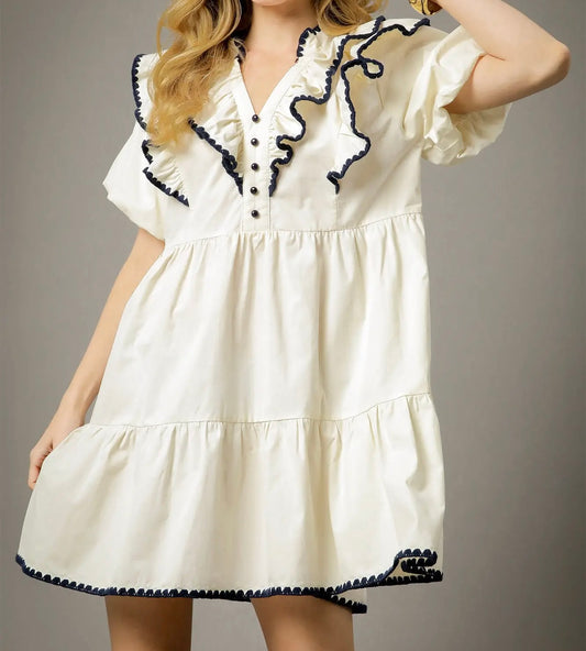 Cream Ruffle Trim Short Dress