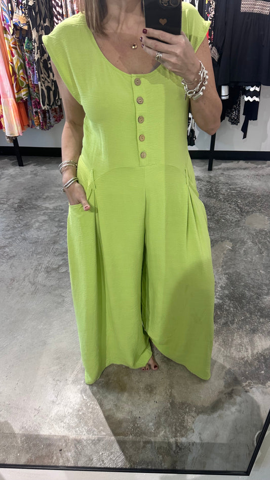 Lime Button Up Wide Leg Jumpsuit