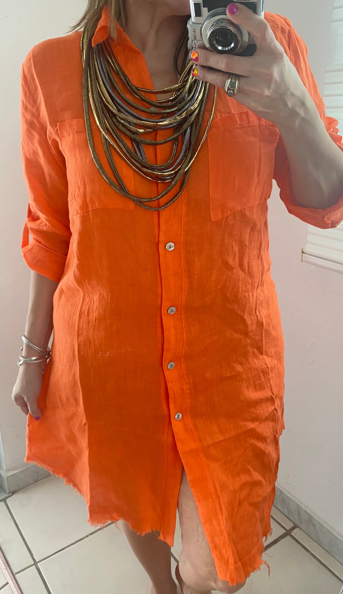 Orange Shirt Linen Dress