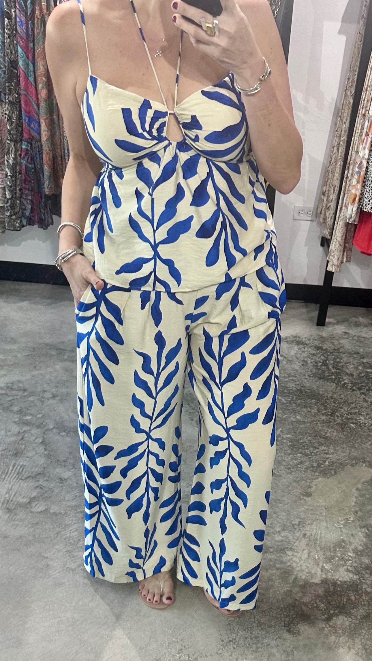 Ivory & Blue Adjustable Strap Tone with White Leg Pant Set