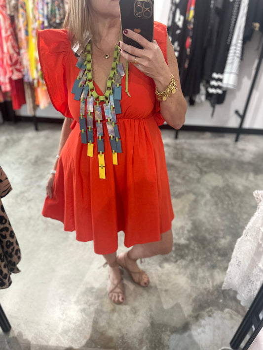 Poplin Sleeveless Tomato Red Short Dress